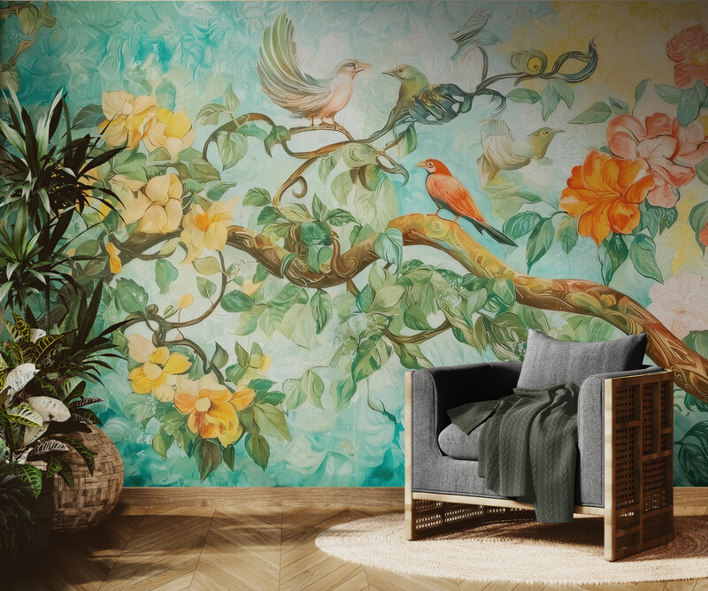 Fototapeta z botanicznym wzorem kwiatów i ptaków "Ptaki na drzewie" - obrazek 2