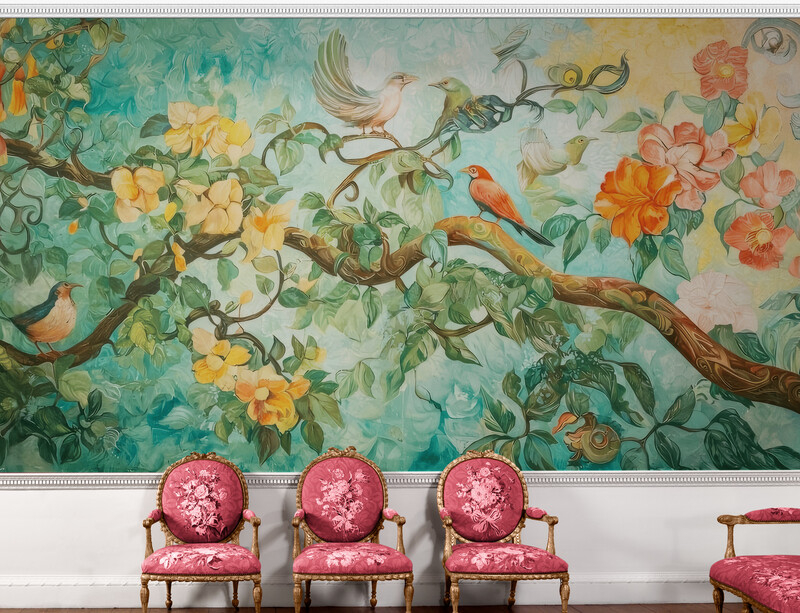 Fototapeta z botanicznym wzorem kwiatów i ptaków "Ptaki na drzewie"