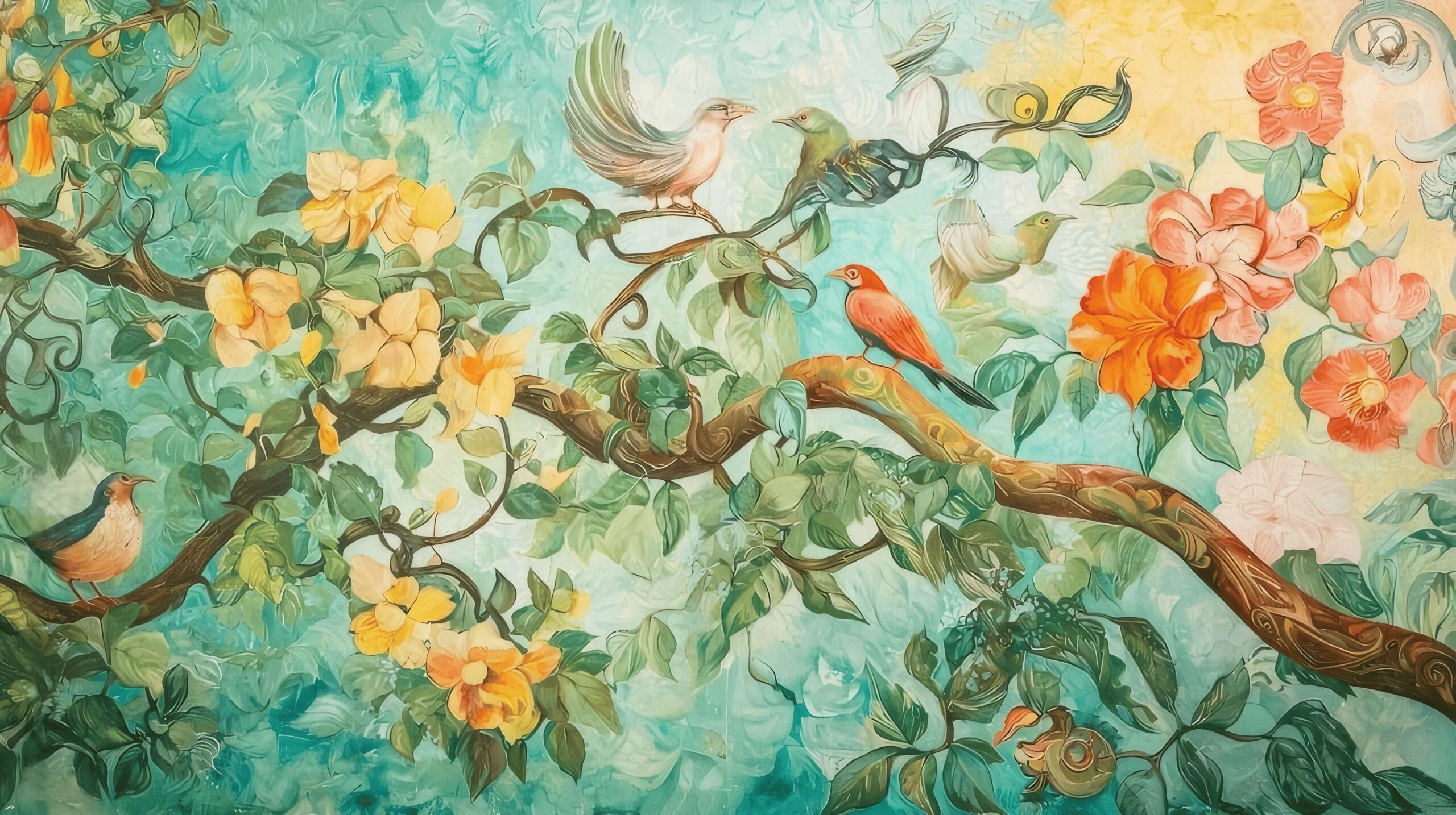 Fototapeta z botanicznym wzorem kwiatów i ptaków "Ptaki na drzewie" - obrazek 4