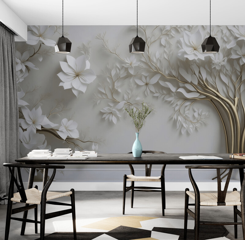 Fototapeta 3D w jasnych barwach "Białe Kwitnące Drzewo"