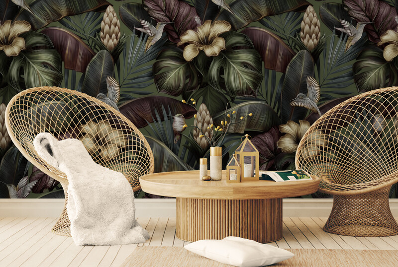 Fototapeta w ciemnej tonacji "Kwiaty w liściach" - obrazek 2