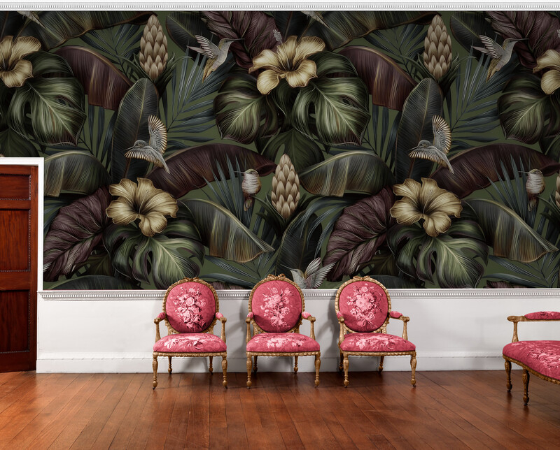 Fototapeta w ciemnej tonacji "Kwiaty w liściach"