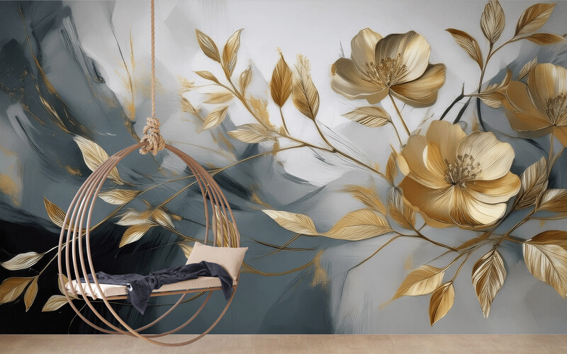 Fototapeta szaro-złota "Duże złote kwiaty" - obrazek 2