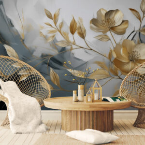 Fototapeta szaro-złota "Duże złote kwiaty"