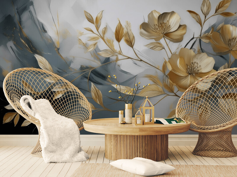 Fototapeta szaro-złota "Duże złote kwiaty"