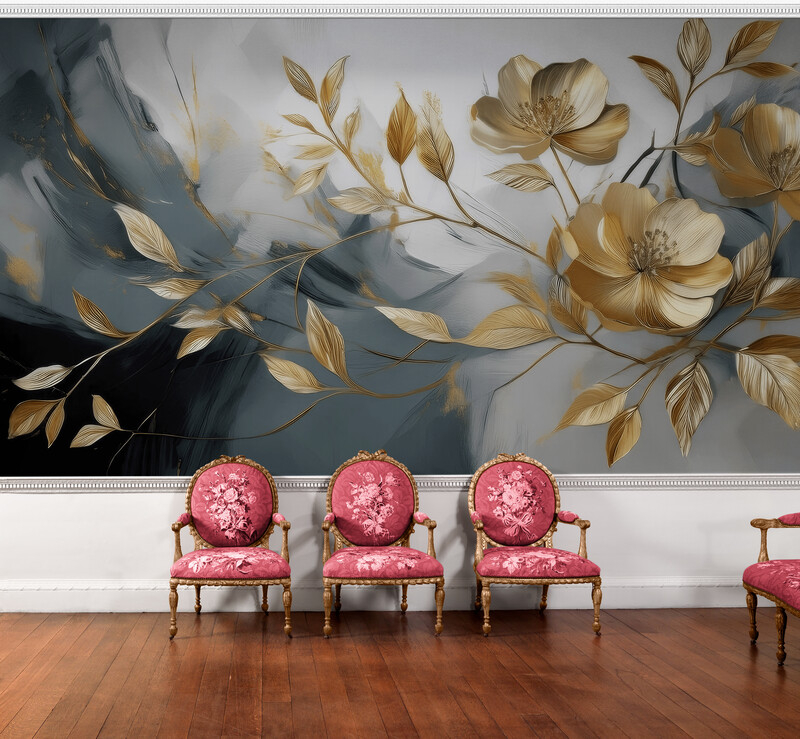 Fototapeta szaro-złota "Duże złote kwiaty" - obrazek 3