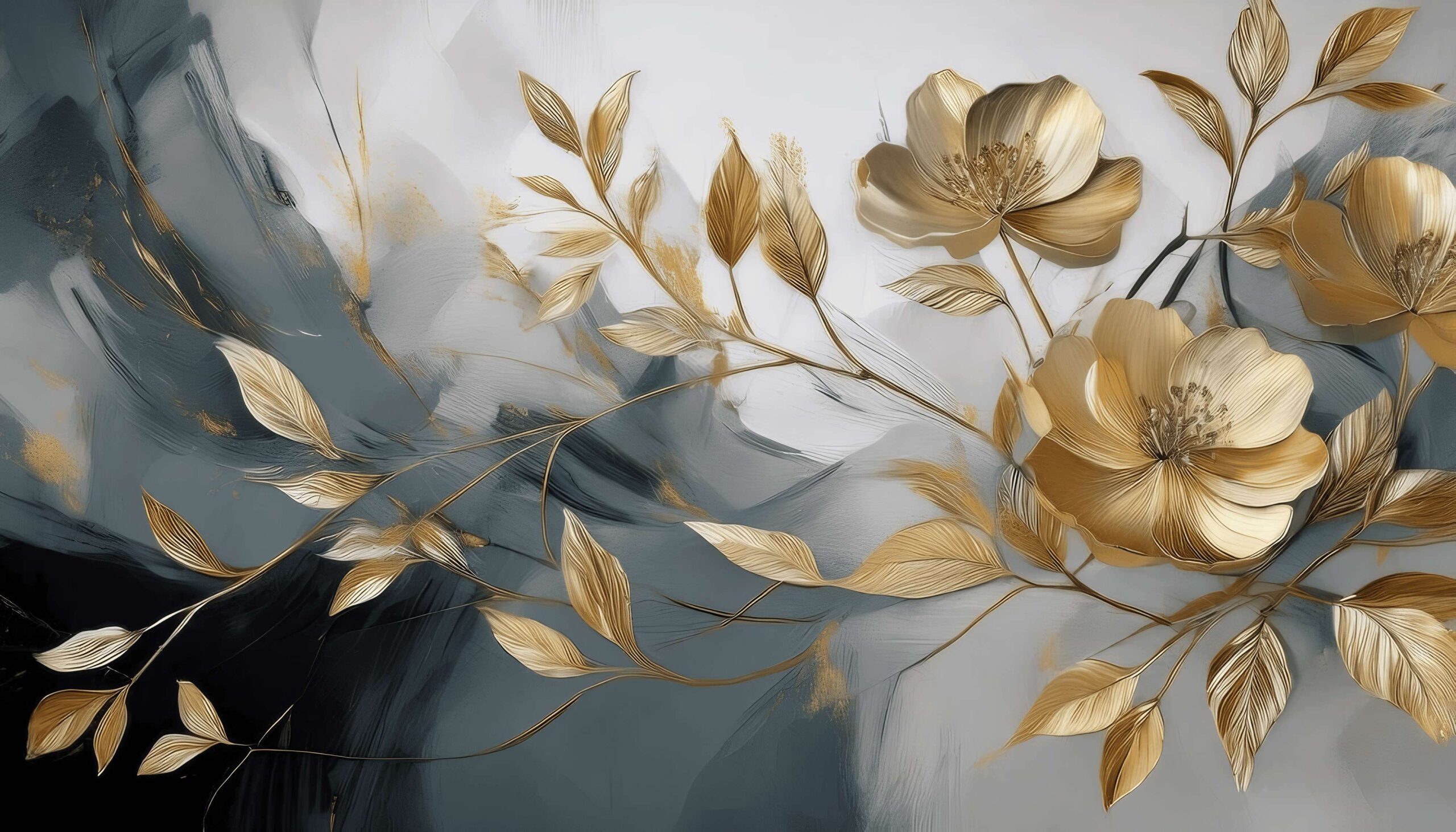 Fototapeta szaro-złota "Duże złote kwiaty" - obrazek 4