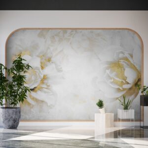 Fotoapeta Peonia, nowoczesna fototapeta w kolorze białym i złotym "Dwa Kwiaty"