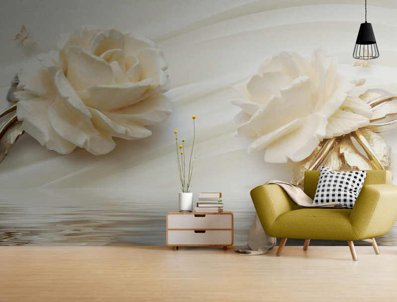 Tymczasowa tapeta do domu z trójwymiarowym wzorem „Róże w złocie” - obrazek 3