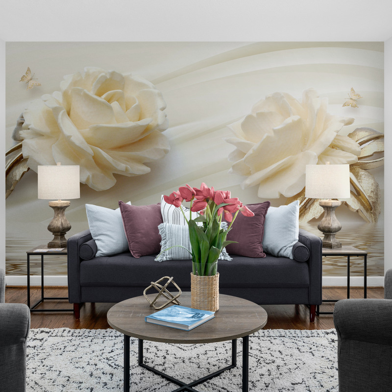 Tymczasowa tapeta do domu z trójwymiarowym wzorem „Róże w złocie” - obrazek 2