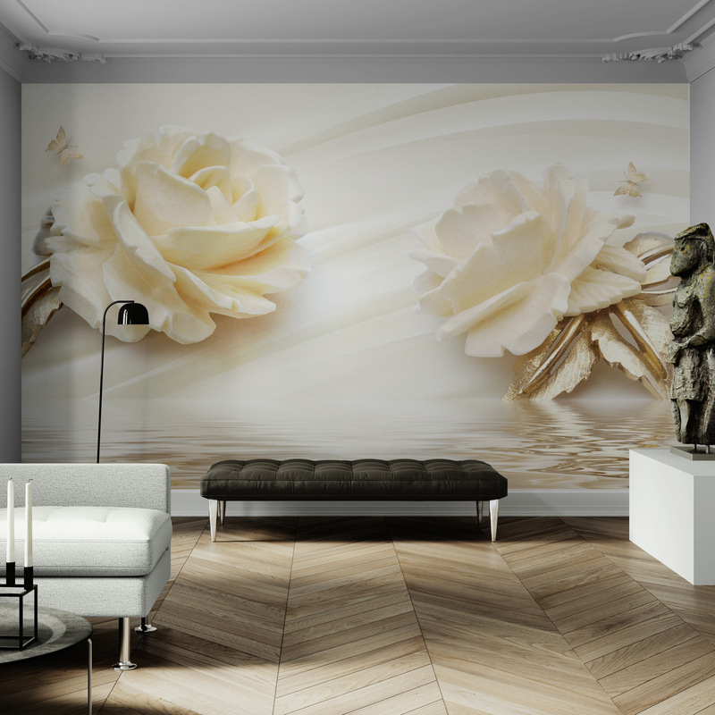 Tymczasowa tapeta do domu z trójwymiarowym wzorem „Róże w złocie”