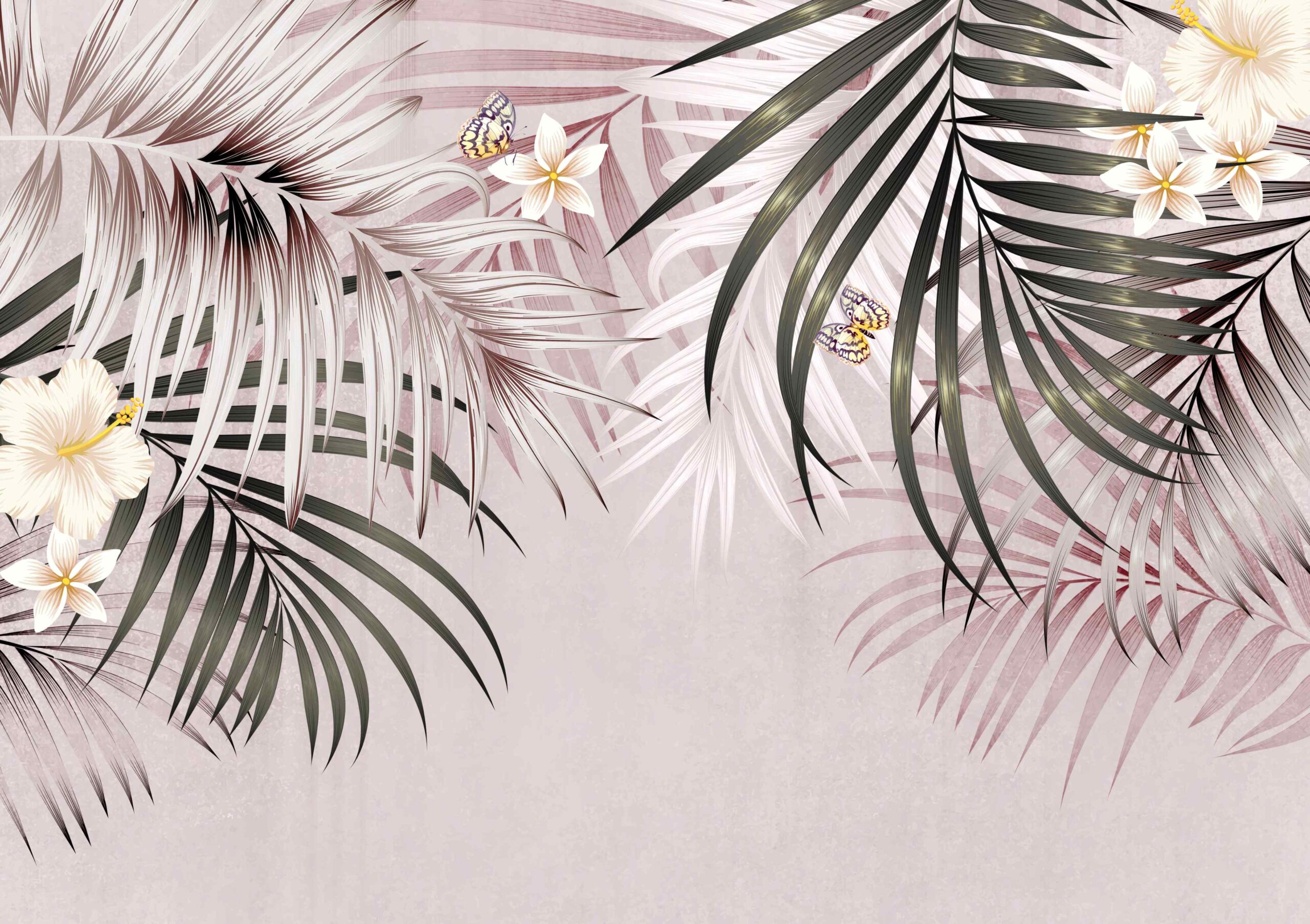 Neutralna fototapeta z liśćmi do sypialni "Liście palmowe z kwiatami" - obrazek 4