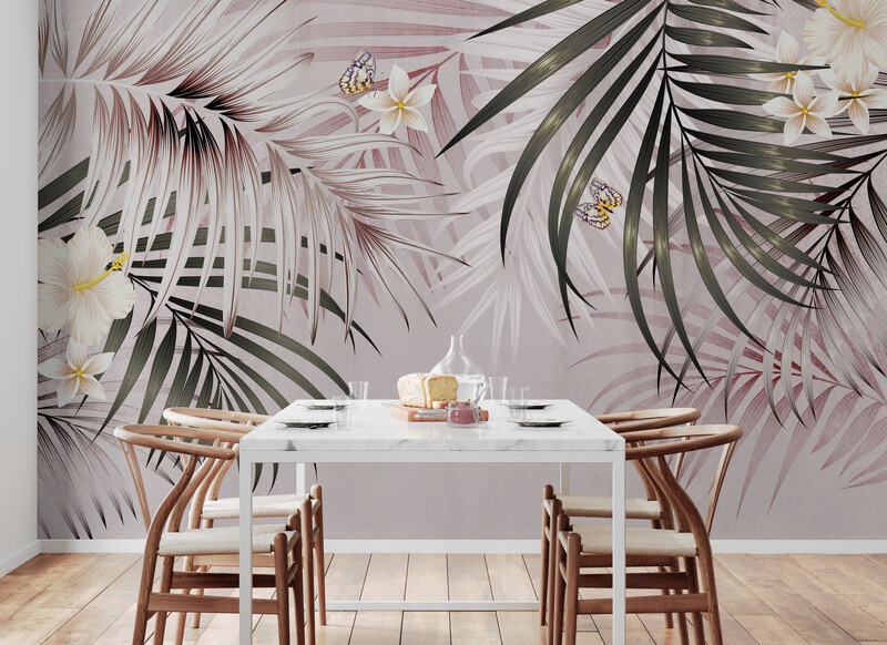 Neutralna fototapeta z liśćmi do sypialni "Liście palmowe z kwiatami" - obrazek 2
