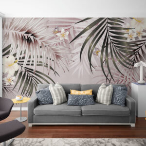 Neutralna fototapeta z liśćmi do sypialni "Liście palmowe z kwiatami"