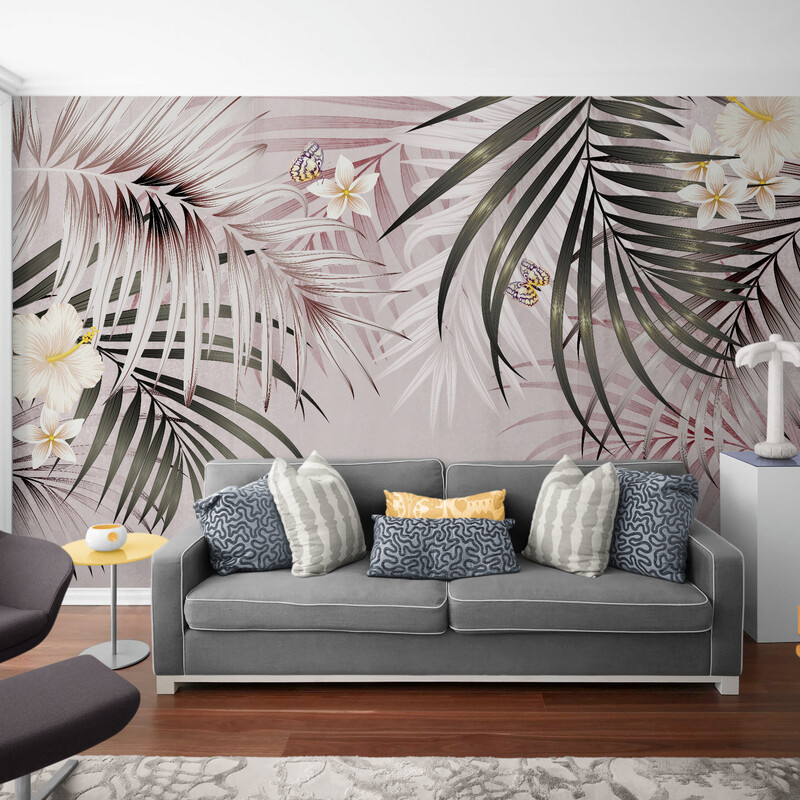 Neutralna fototapeta z liśćmi do sypialni "Liście palmowe z kwiatami"
