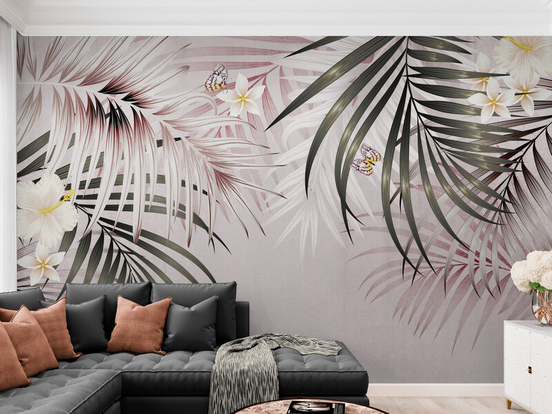 Neutralna fototapeta z liśćmi do sypialni "Liście palmowe z kwiatami" - obrazek 3