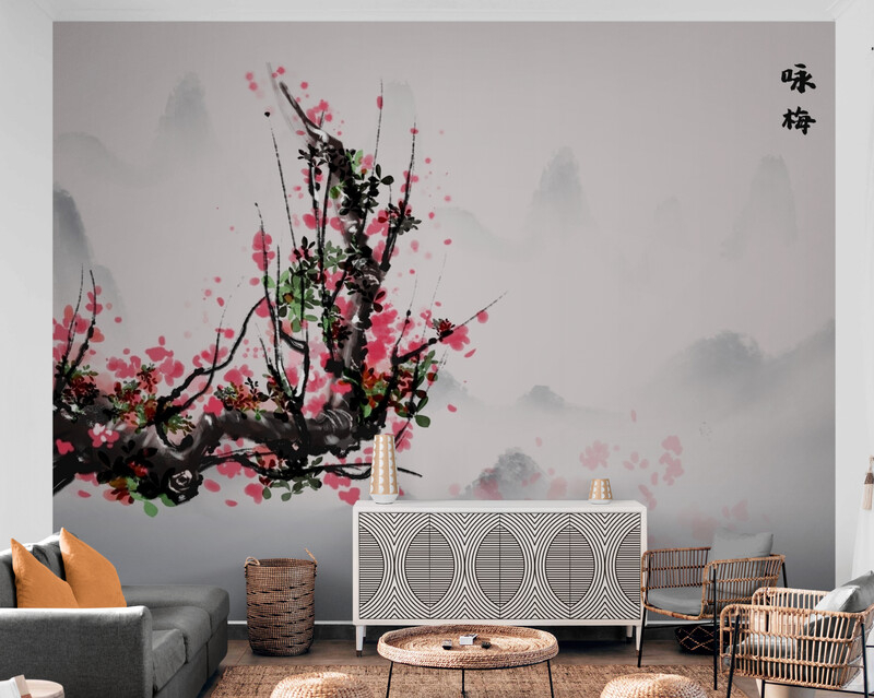 Fototapeta w stylu japońskim z kwiatami sakury, „Gałąź kwitnącej wiśni” - obrazek 3