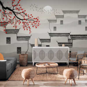 Azjatycka fototapeta z kwiatami i architekturą "Sakura ze świątynią w tle"